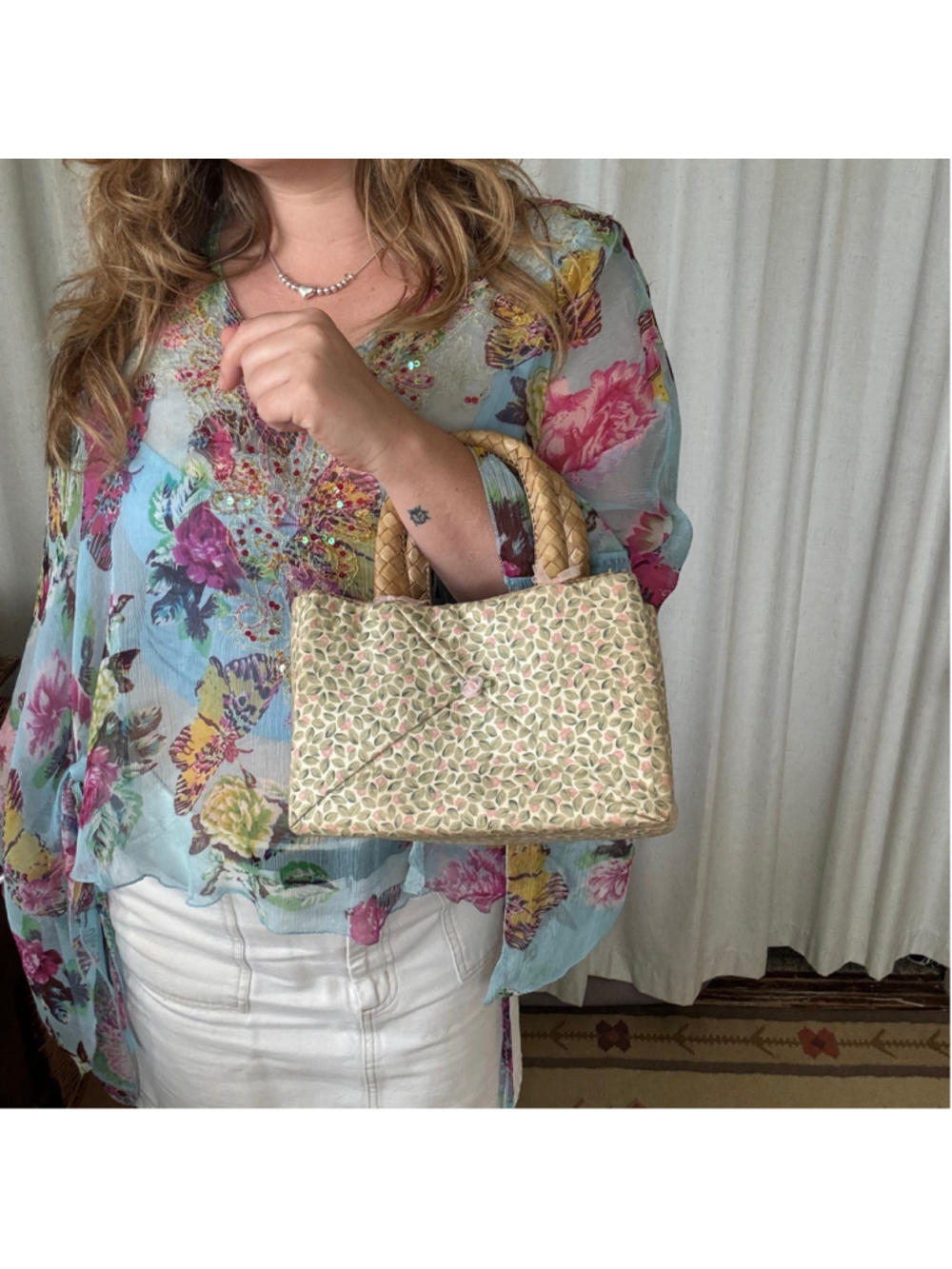 Handwoven Coquette / Cottage Core small bag with bows and added floral fabric